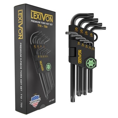 Torx Wrench Set 9-Piece, Star Keys T10-T50, Long Arm S2 Steel