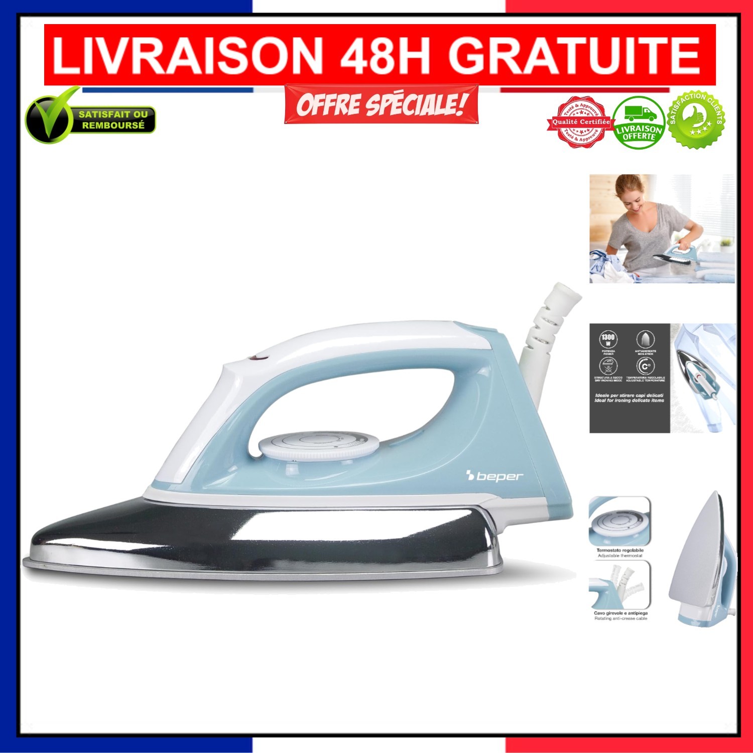 Fer à repasser à sec Beper P204FER250 sans calcaire pour éviter les taches sur le linge