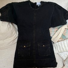 GANNI Black Denim Mini Dress Short Sleeve Zip Front Pockets Women’s 32