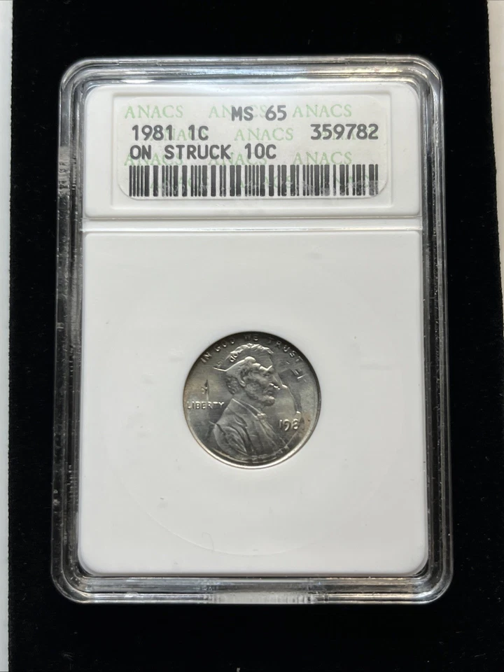 1981 Lincoln Cent Struck 1C On 10C Double Denomination Error ANACS Soap Box MS65 - Image 4 of 4