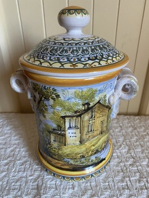 Vintage Majolica Pottery Apothecary Jar W/ Lid Italy Signed & Marked Castelli?