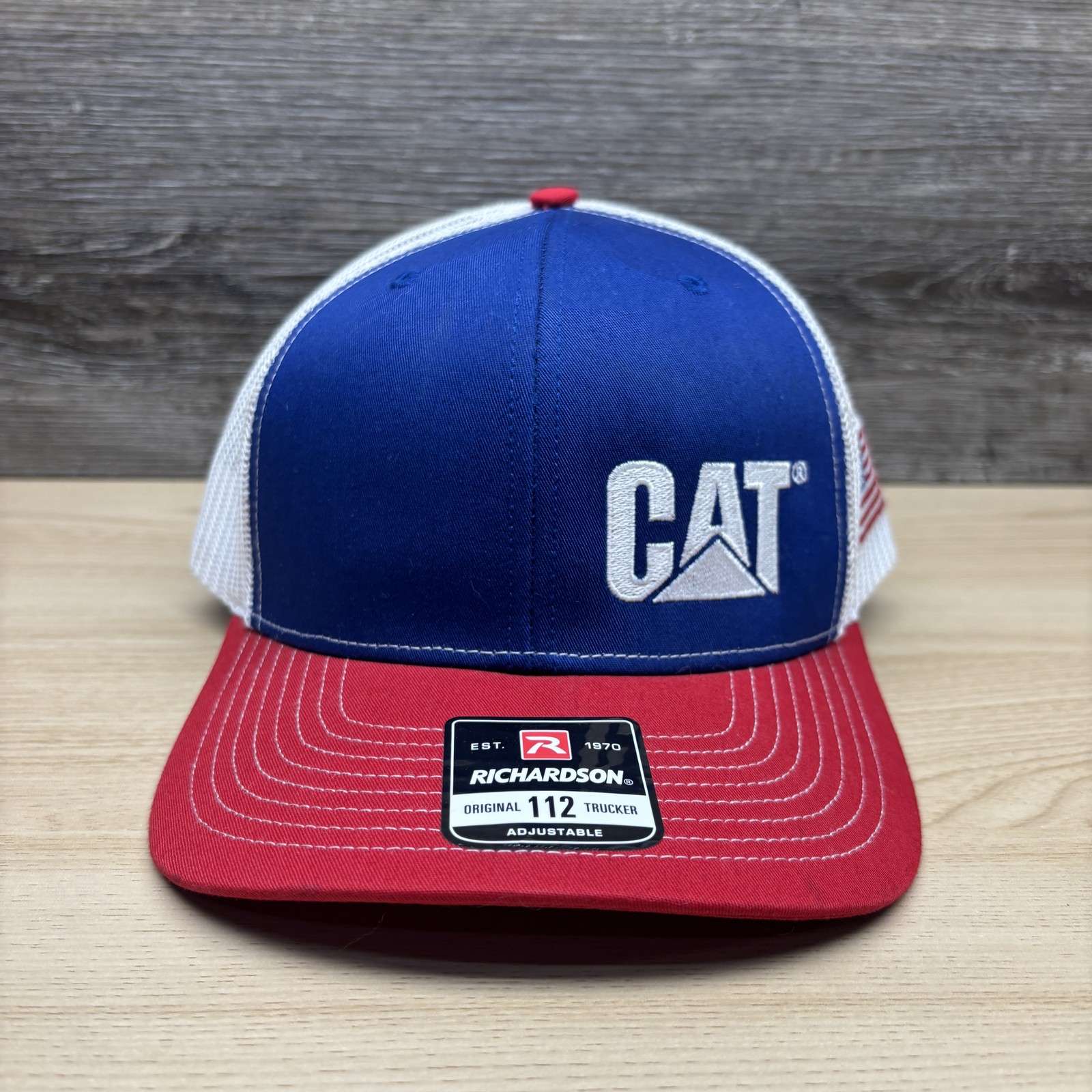 CAT Hat Cap Snapback Trucker Adjustable Red Blue Front Logo 