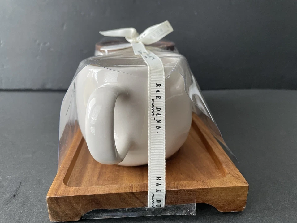 New Rae Dunn Sugar & Cream Set Wood Tray Holder Sugar W/Wood Lid Farmhouse Gift! - Image 4 of 4