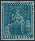 BARBADOS 1852 BRITANNIA (1D) IMPERF ON BLUED PAPER