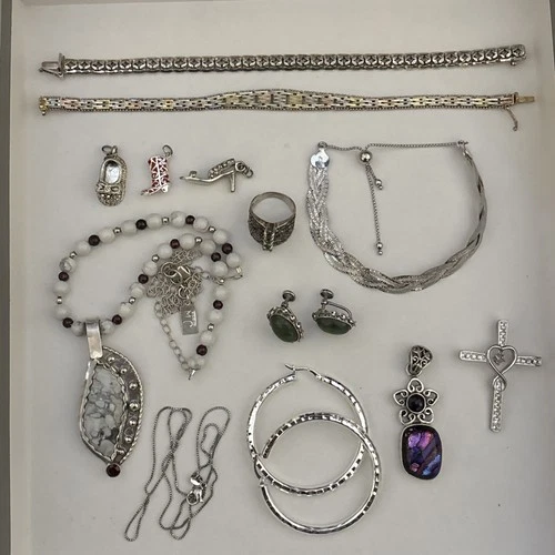 Vtg 925 Sterling Silver Jewelry Lot 13 Pc Ring Bracelet Necklace Earring Charm