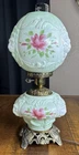 Vtg FENTON Embossed Lion Heads & Pink Roses GWTW Parlor Lamp 21" Rare Colorway