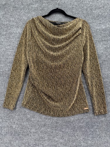 Badgley Mischka Womens Gold Metallic Drape Front Cowl Neck Top Size S Cocktail - Picture 1 of 11