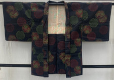 Japanese Vintage Kimono Haori Jacket Silk Black Tumugi Traditional Authentic34in