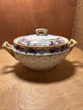 Nippon Hand Painted Embossed Sugar Bowl / Purple Floral & Gold Trim Design