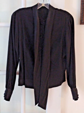 BLACK PUSSY BOW SECRETARY GEEK WOMENS 10 BUTTON BLOUSE VINTAGE LONG SLEEVE ILGWU