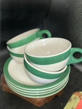 Lot of 4 Cups & Saucers Wallace Restaurant China Green Stripe pattern