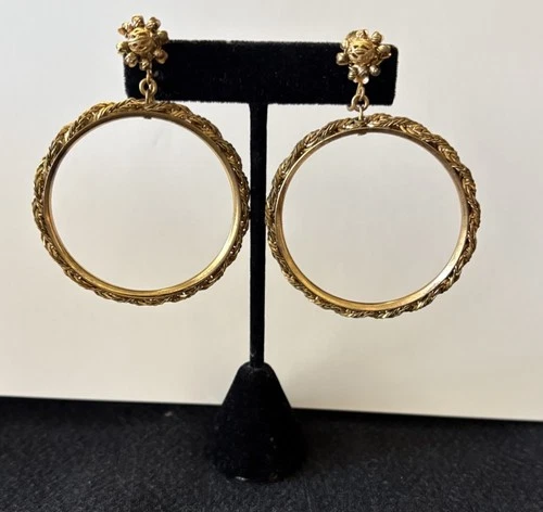 Vintage  Miriam Haskell Earrings  Gold Tone Rope Clip Screw Back Signed