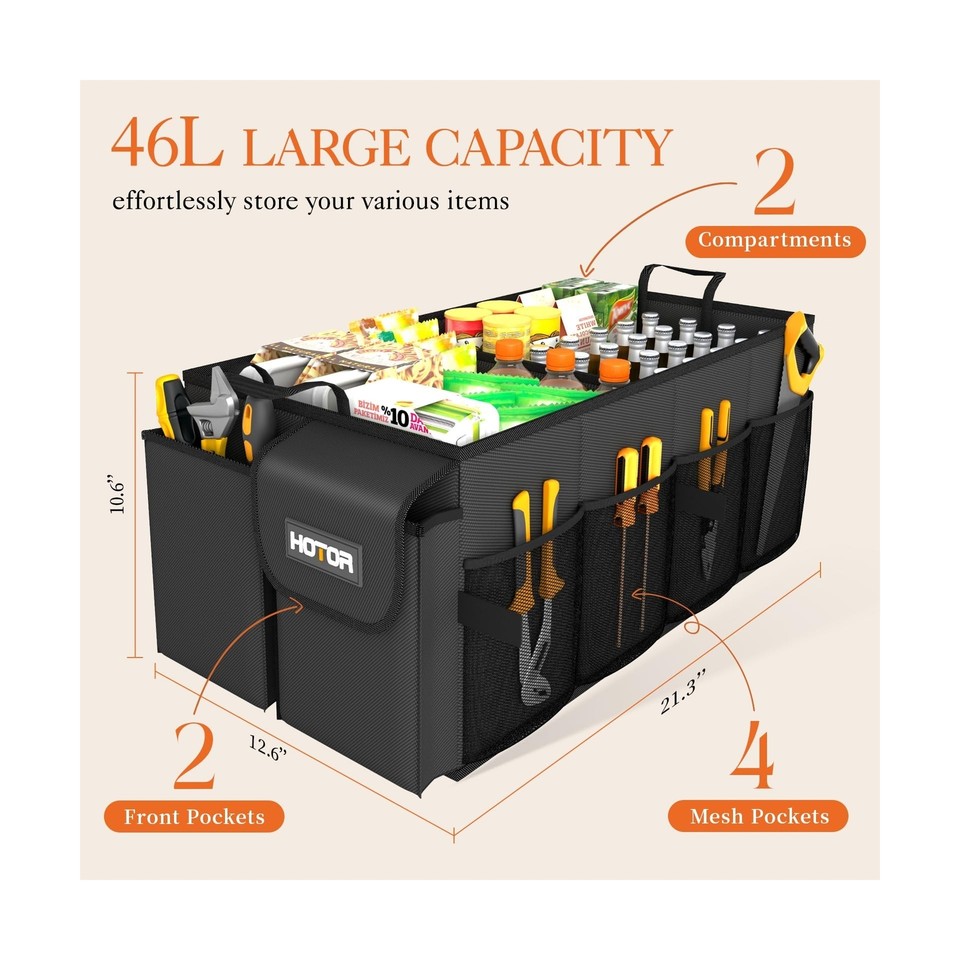 JLSDT Premium Leather Trunk Organizer For Cars & SUVs | Foldable Storage Bin With Lid, 2 Compartments | Keeps Groceries, Tools & Gear Neat - View #4