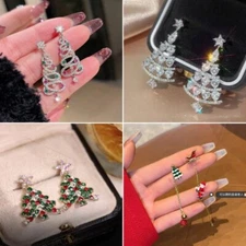 925 Silver Crystal Christmas Tree Stud Earrings Drop Dangle Women Xmas Jewelry