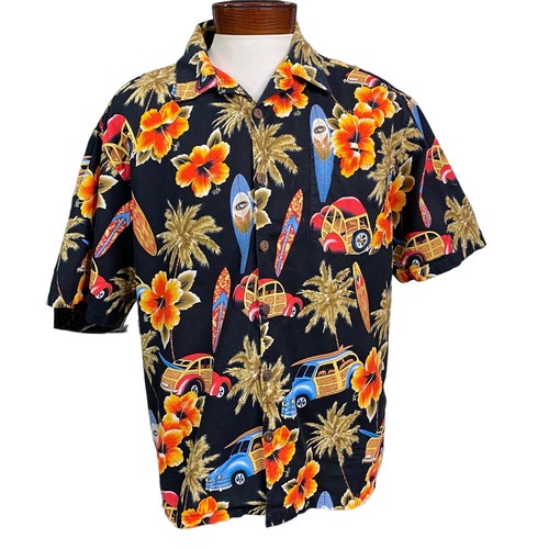 Reebesse Hawaiian Shirt Men's Large Floral Surfboards Palm Trees Woody Wagon Vtg - Bild 1 von 12