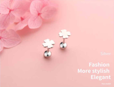 Unisex Tiny Silver Flower Lucky Clover Ball White Gold GP Stud Earrings