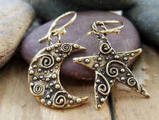 Gold Bronze Moon and Star Earrings, Gold Spiral Moon and Star Jewelry