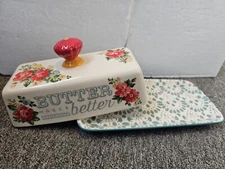 Vintage Pioneer Women Stoneware Butter Holder with Lid