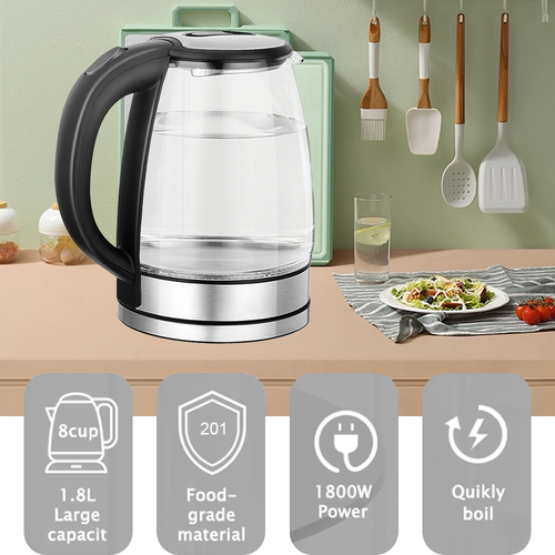 Electric Glass Kettle 360° Rotation Stainless Steel LED Light Kitchen Water Jug - Picture 12 of 12