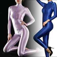 Women's Satin Glossy Bodysuit Zipper Open Crotch Catsuit Romper Jumpsuit Outfits