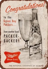 1961 Miller Beer Packer Backer Green Bay Packers Metal Sign 8 x 12
