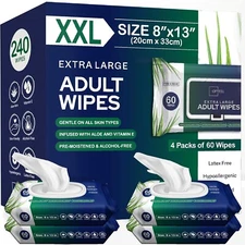 Adult Wipes For Elderly - 8"x13" 240ct (4 Packs of 6) Huge & Soft Body Wipes