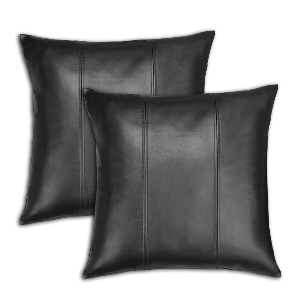 Funda de almohada de cuero negro genuino de piel de cordero funda de cojín para sofá habitación y cama Foto 4 de 4