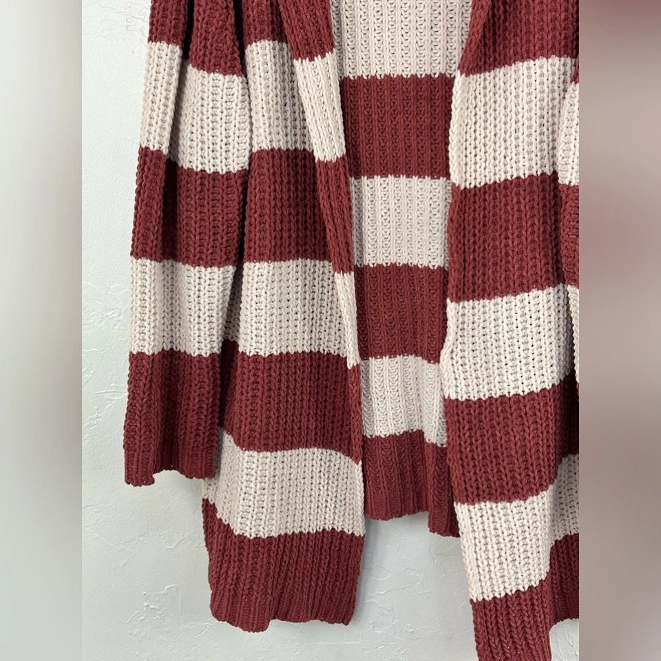 POL Anthropologie Striped Cardigan Sweater Chunky Red Long Hood Jacket Large - Image 3 of 4