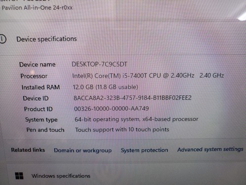 Pavilion 24-R014 AIO Computer 12 Gb Ram Win 11 Touchscreen i5-7400T 2TB - Picture 3 of 12