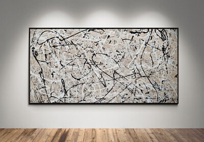 XXL Jackson Pollock Style Soft Sand Black White Textured Painting 59x30 in