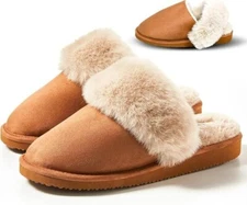 House Slippers for Women SOLOEVER Slip On Fuzzy Plush Faux Fur Collar Brown US 9