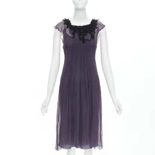 LANVIN Vintage purple silk black lace trim ruched waist sheer dress FR38 M