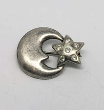 BOMA STERLING SILVER AND CLEAR RHINESTONES MOON AND STAR PIN BROOCH