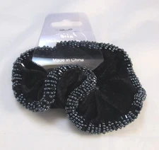 Bejeweled Black Velvet  ponytail holder Scrunchie Hematite Seed bead edging