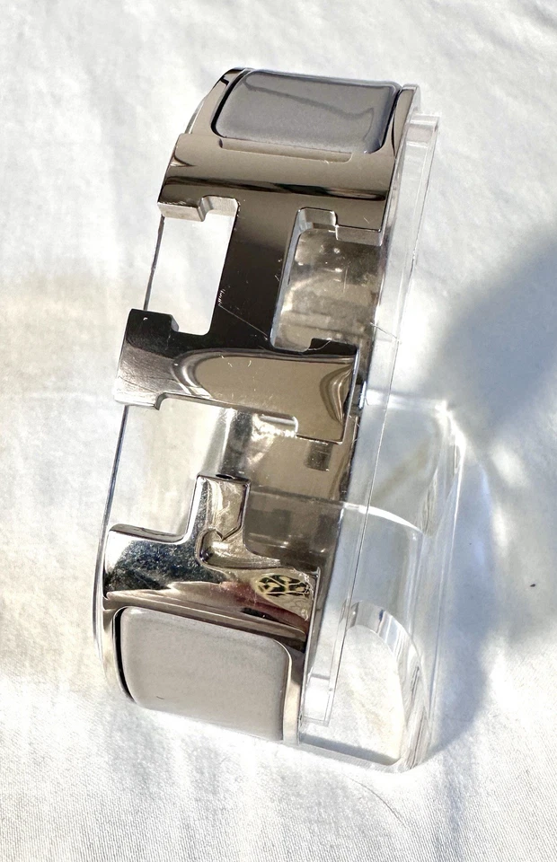 Pulsera HERMES Clic H Ancha Gris Esmalte Paladio Talla M Usada Buena Auténtica Foto 2 de 4