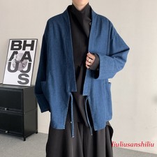 Men Japanese Retro Denim Kimono Casual Loose Jacket V-neck Couple Taoist Coat