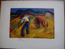 LITHOGRAPHIE "LES FAUCHEURS -BOIS GRAVÉ GAUFRÉ DE PIERRE AMBROGIANI- 75X55CM