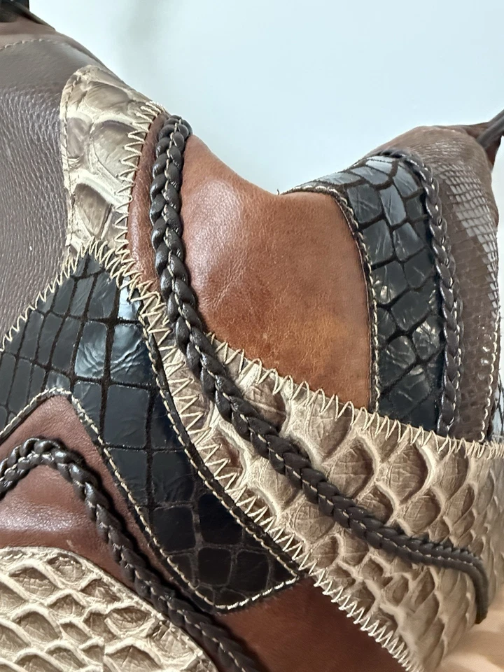 ✿ Bolso de Hombro Hobo Braccialini Italia Cuero Genuino Retazos Marrón Boho Foto 2 de 4