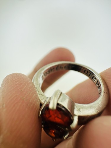 Anello Vintage Argento Sterling 925 Gemma Rossa Amore 2 Cuori Incisi Misura 5 - 4,96g - Foto 5 di 7