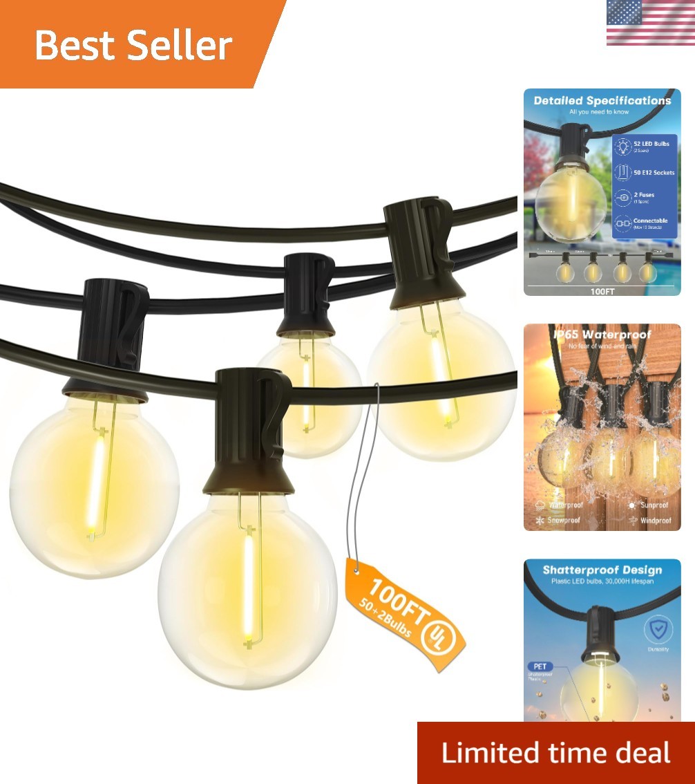 100Ft Waterproof Shatterproof LED Outdoor String Lights with Globe Bulbs for Patio Garden