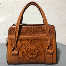 VTG Hand Tooled Leather Shoulder Bag Tote Tan Rose Boho Western Y2K Mexico