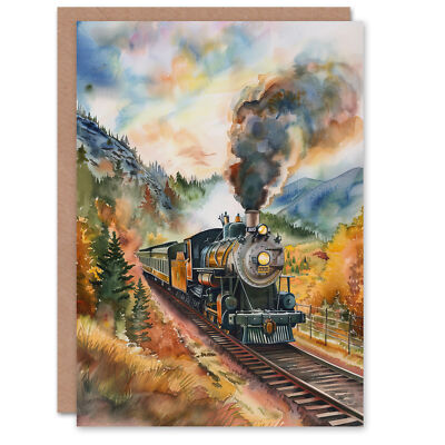 Greeting Card Locomotive Train Passing Through Autumn Forest Good Luck