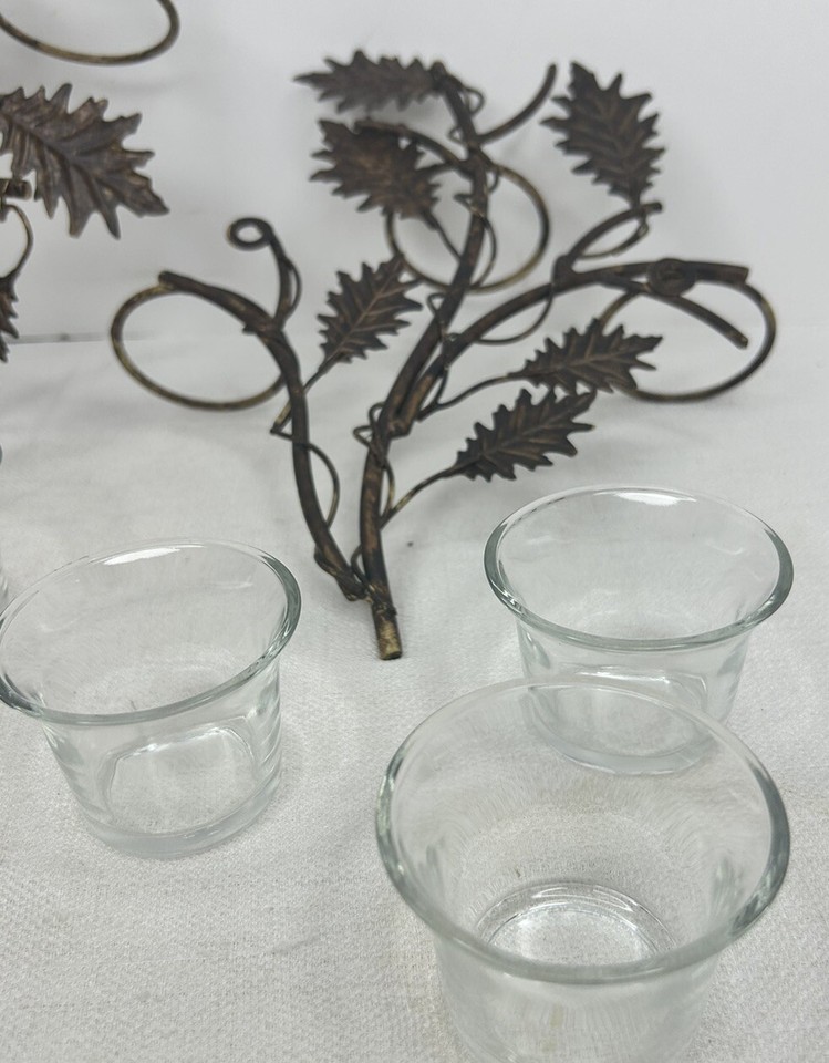 Vintage Pair Maple Leaf Antique Bronze Finish Wall Sconces Glass