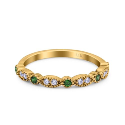 14K Yellow Gold Half Eternity Engagement Ring Round Simulated Green Emerald