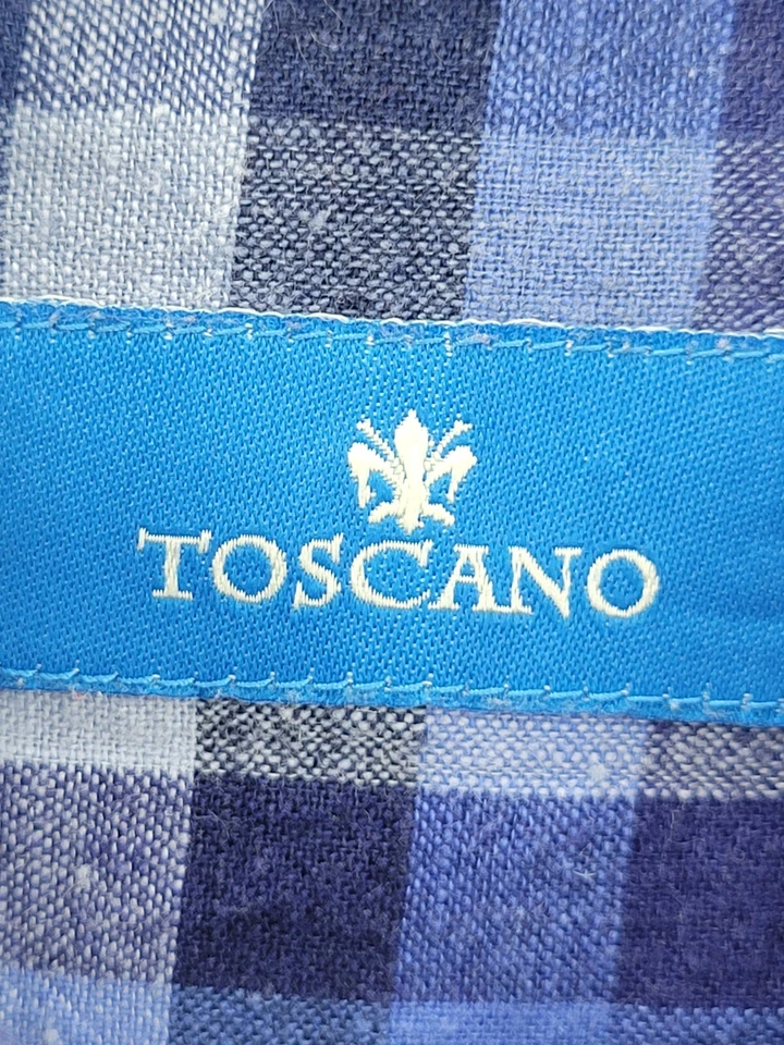 Camisa masculina Toscano azul média xadrez linho manga longa botão para cima preppy moderna - Imagem 3 de 4