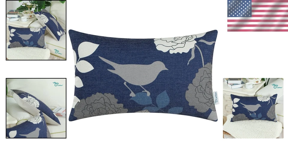 Navy Goose & Floral Design Decorative Pillow Cover - 12"x20" Zipper Closure Foto 2 de 4