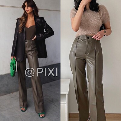 ZARA NEW SEAMED FAUX LEATHER STRAIGHT-LEG PANTS KAHKI GREEN S, XL 4369/252  | eBay