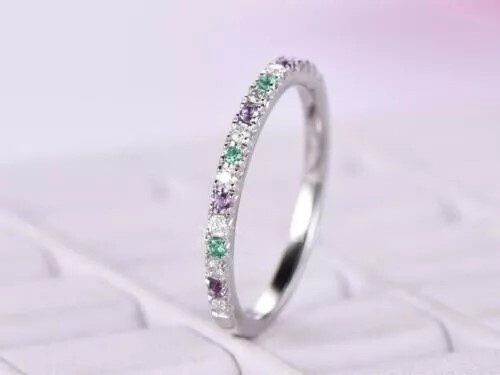 Natural Purple Amethyst Emerald Half Eternity Band Ring 925 Sterling Silver