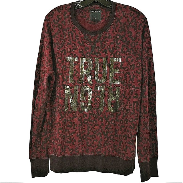 True Religion Pullover Sweater Women S Cheetah Print Maroon Black Top