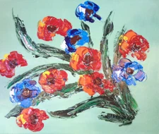 FLOWERS BLUE ABSTRACT  Original Oil Painting canvas IMPRESSIONIST   KAZAV 4VY5R6
